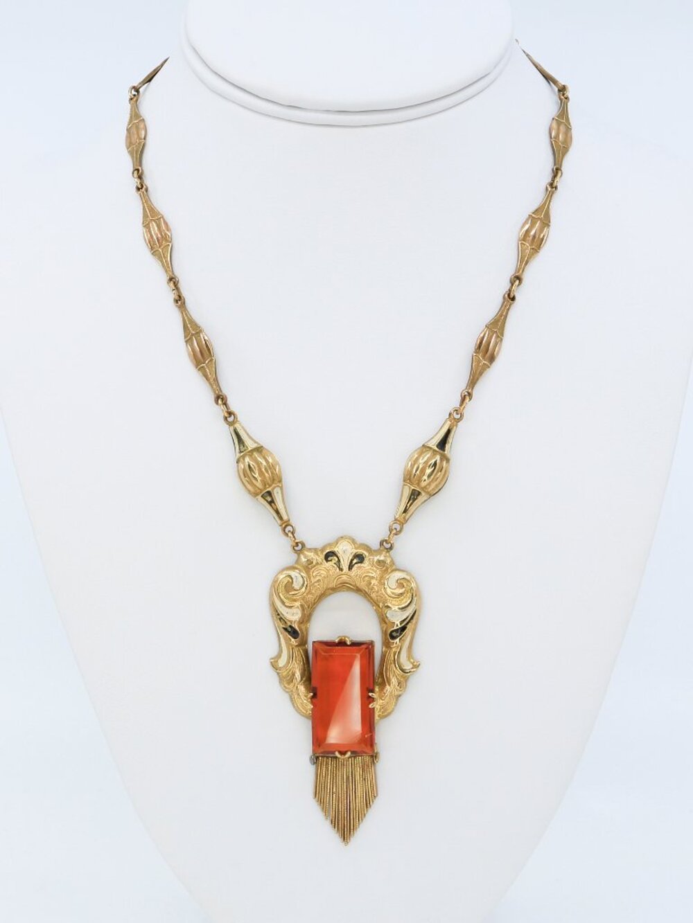 Antique Art Deco Czech Orange Glass Fringed Pendant Enameled Necklace 1930s